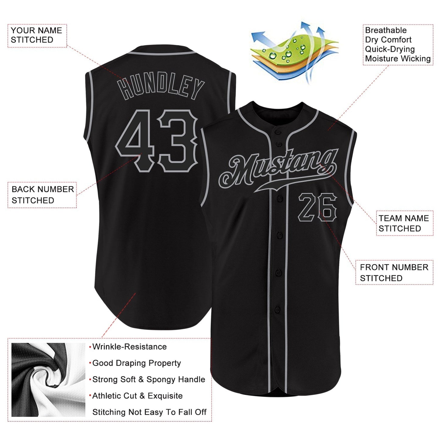 Custom Black Black-Gray Authentic Sleeveless Baseball Jersey baseball jersey product view 2