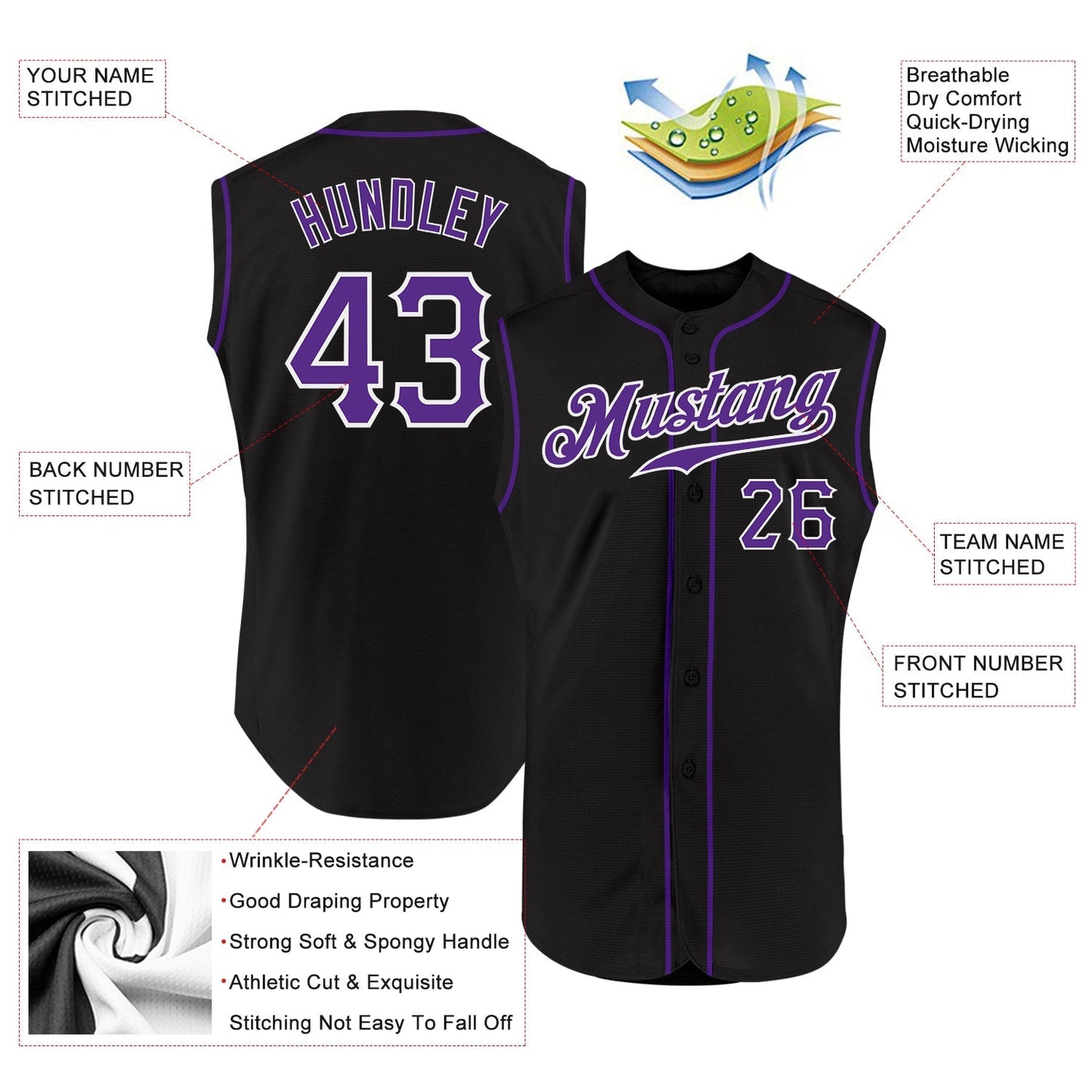 Custom Black Purple-White Authentic Sleeveless Baseball Jersey baseball jersey product view 2