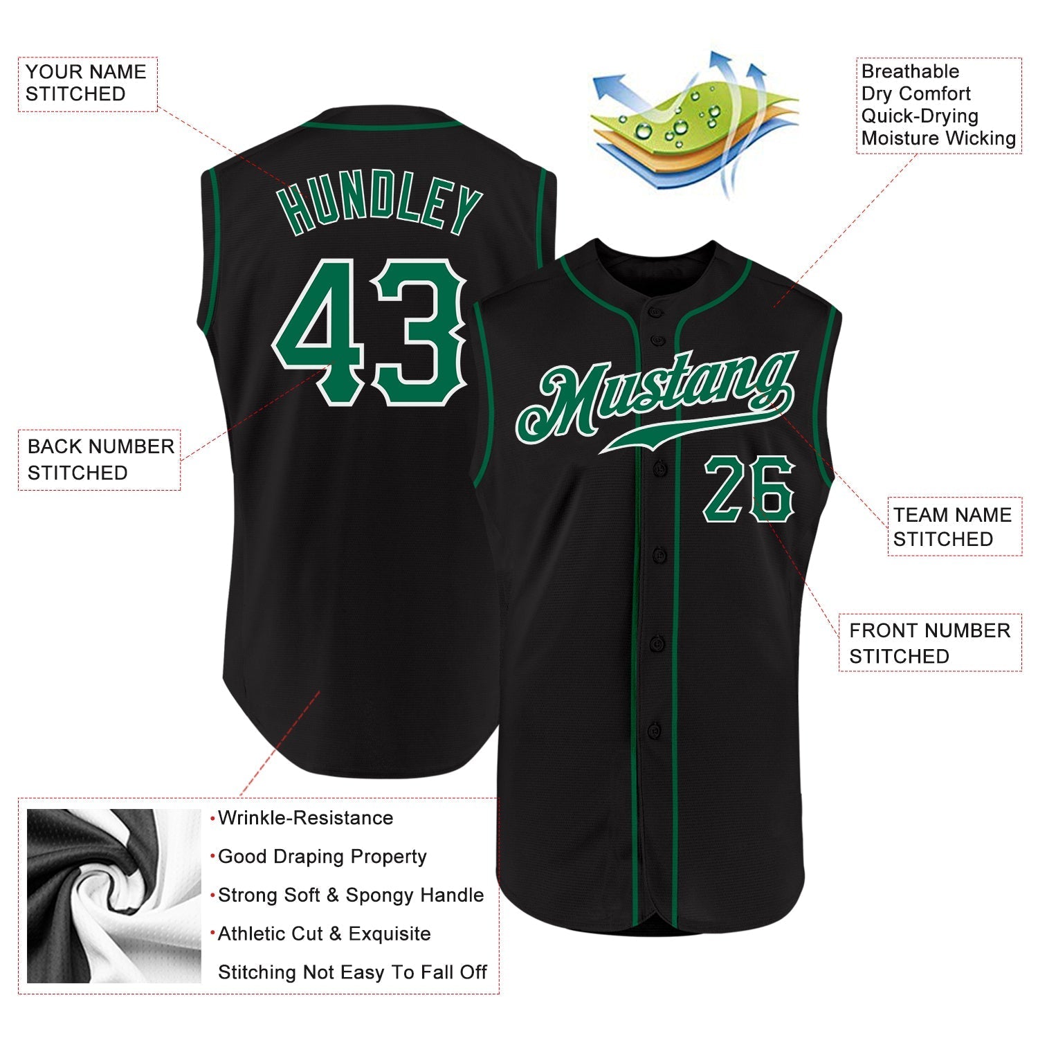 Custom Black Kelly Green-White Authentic Sleeveless Baseball Jersey baseball jersey product view 2