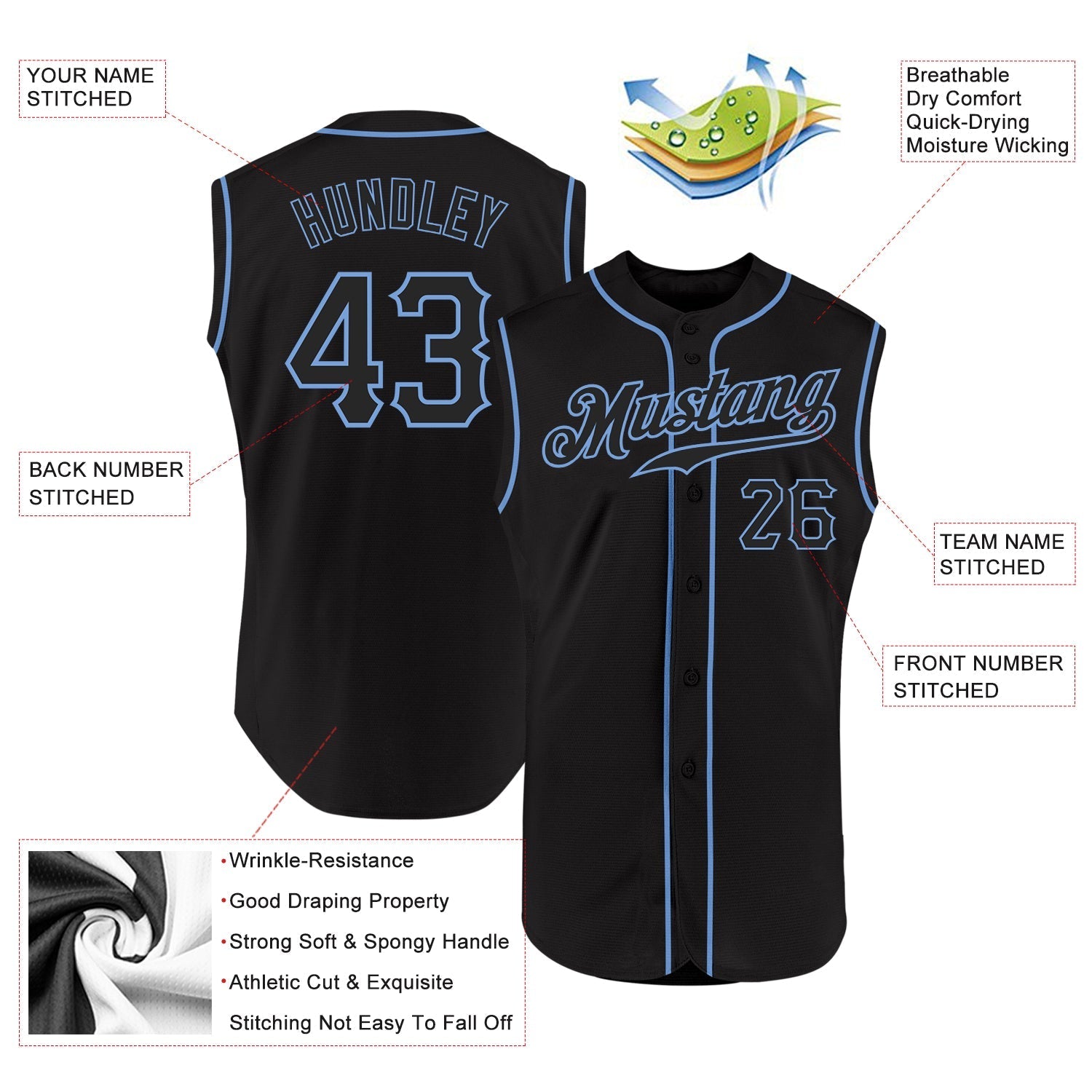 Custom Black Black-Light Blue Authentic Sleeveless Baseball Jersey baseball jersey product view 2