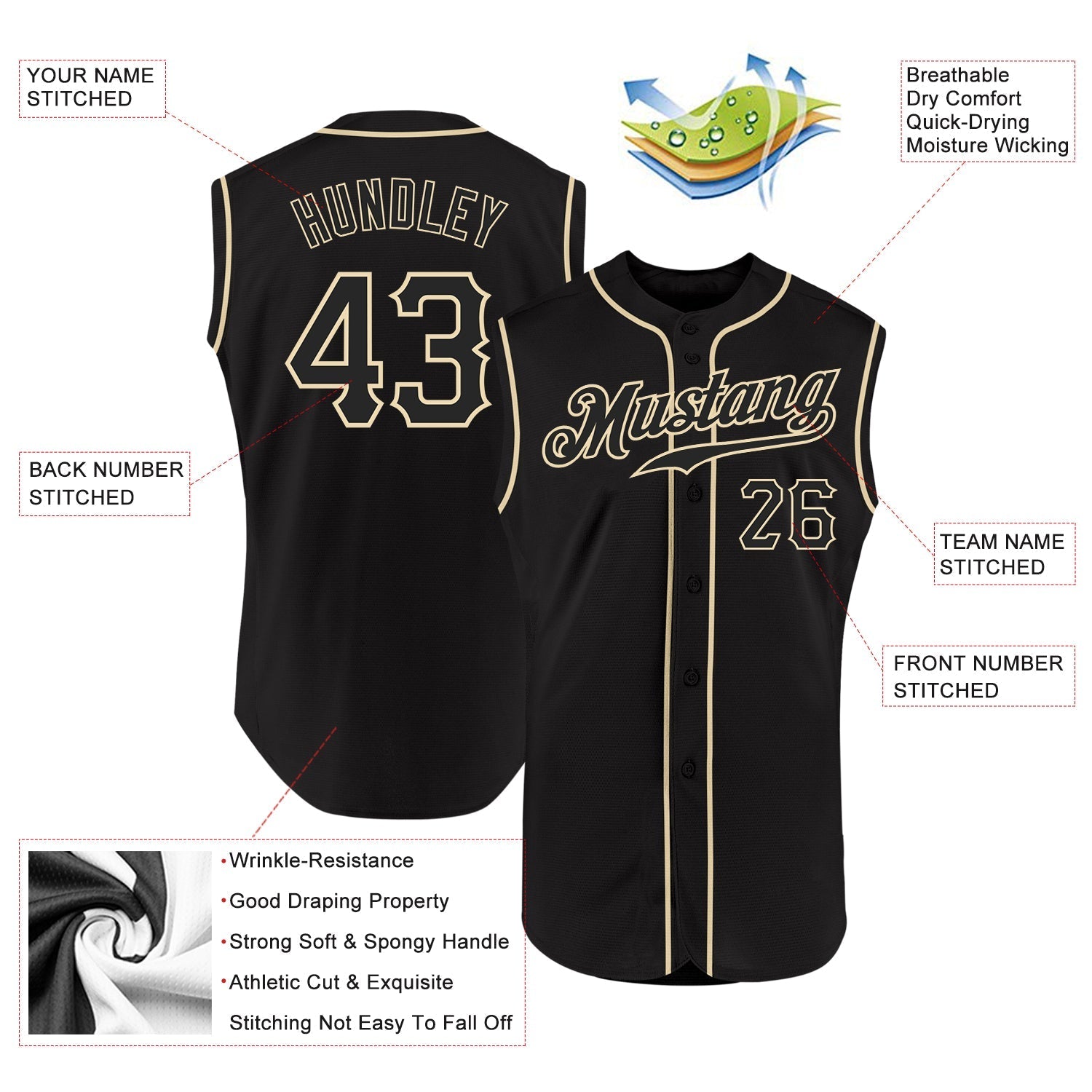 Custom Black Black-Cream Authentic Sleeveless Baseball Jersey baseball jersey product view 2