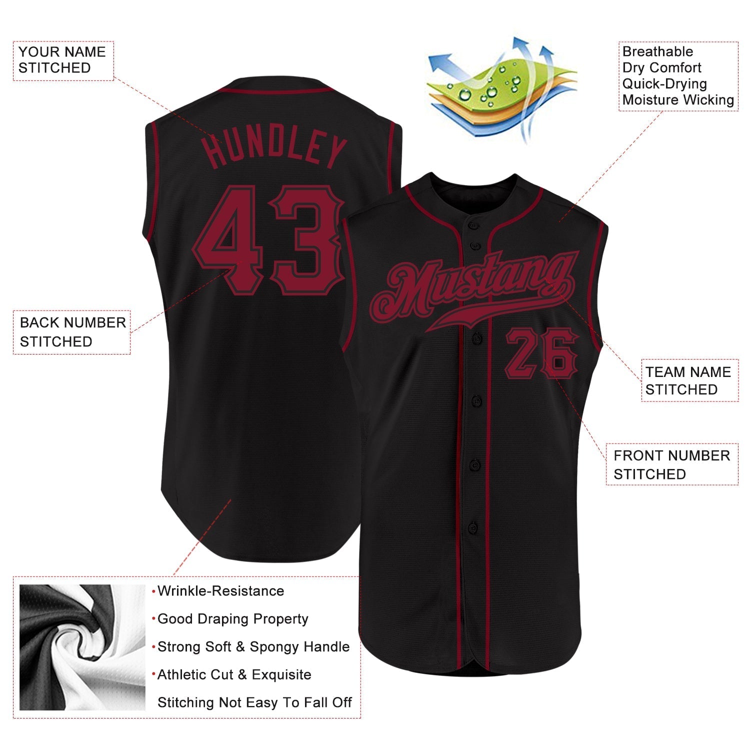 Custom Black Crimson Authentic Sleeveless Baseball Jersey baseball jersey product view 2