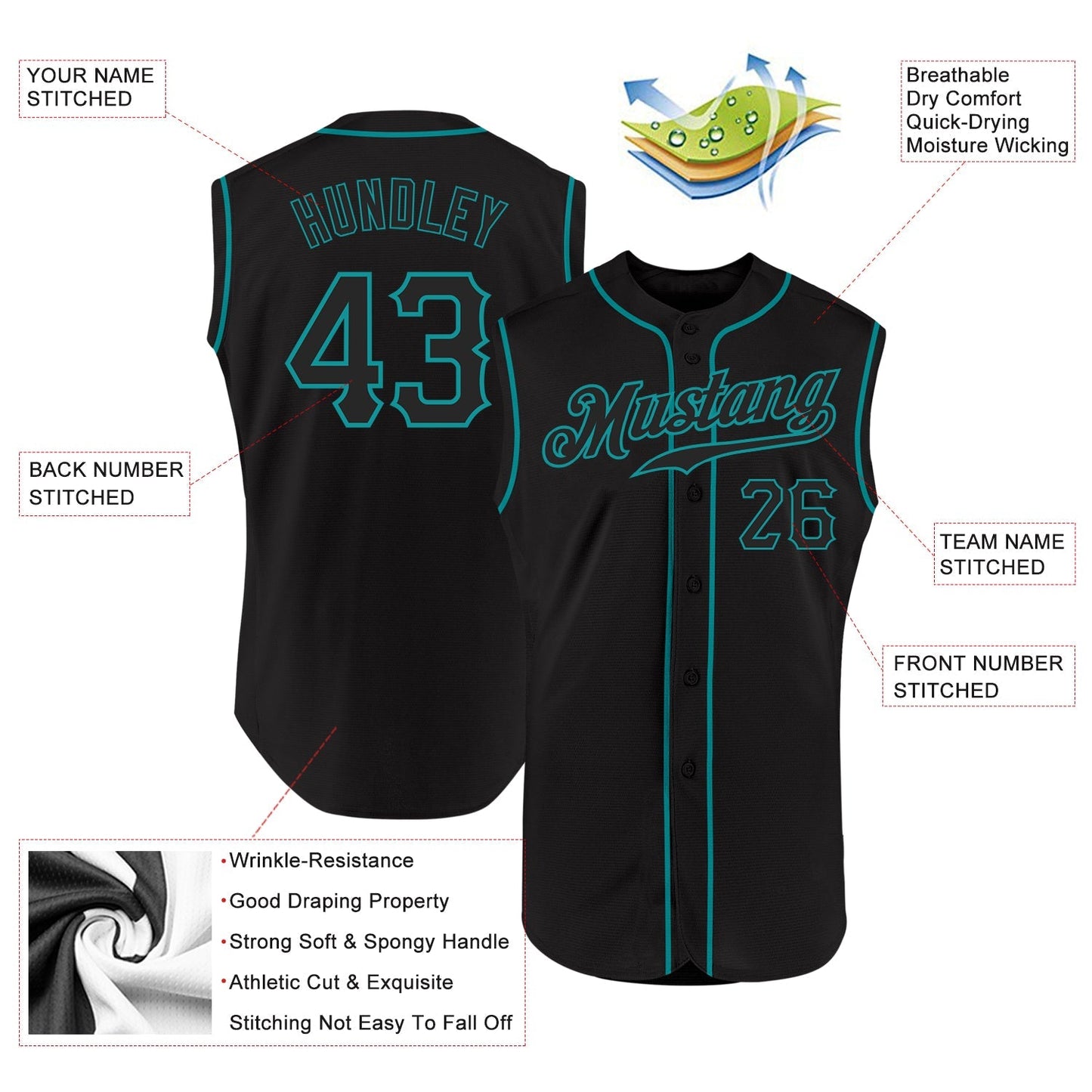 Custom Black Black-Teal Authentic Sleeveless Baseball Jersey baseball jersey product view 2