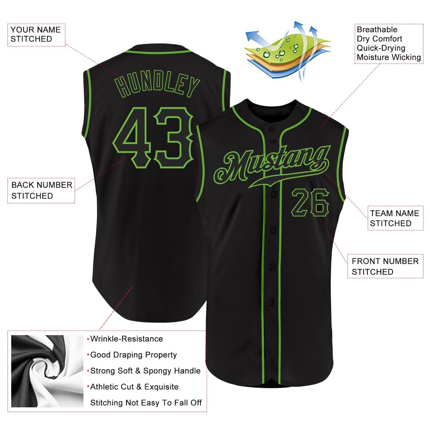 Custom Black Black-Neon Green Authentic Sleeveless Baseball Jersey baseball jersey product view 2