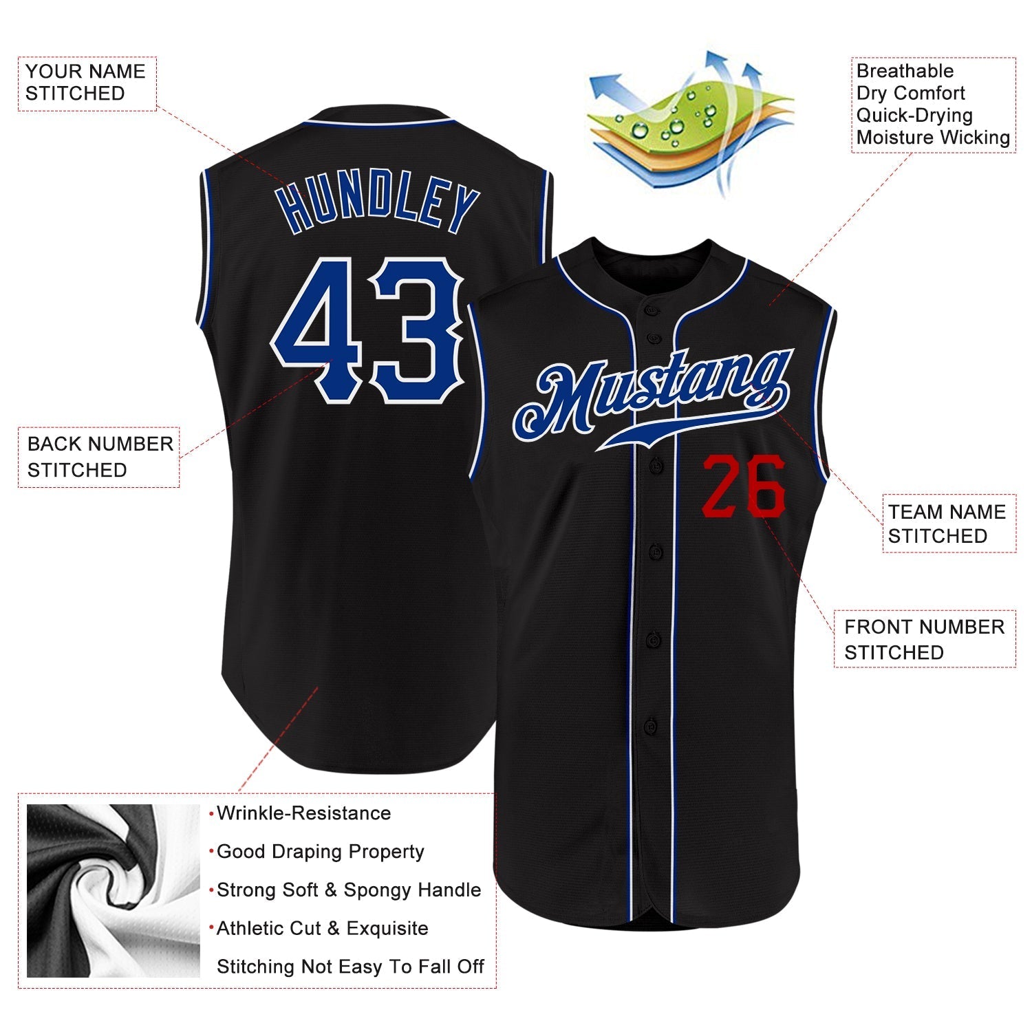 Custom Black Royal-Red Authentic Sleeveless Baseball Jersey baseball jersey product view 2