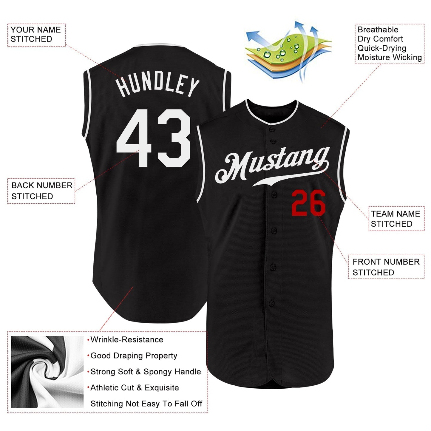 Custom Black White-Red Authentic Sleeveless Baseball Jersey baseball jersey product view 2