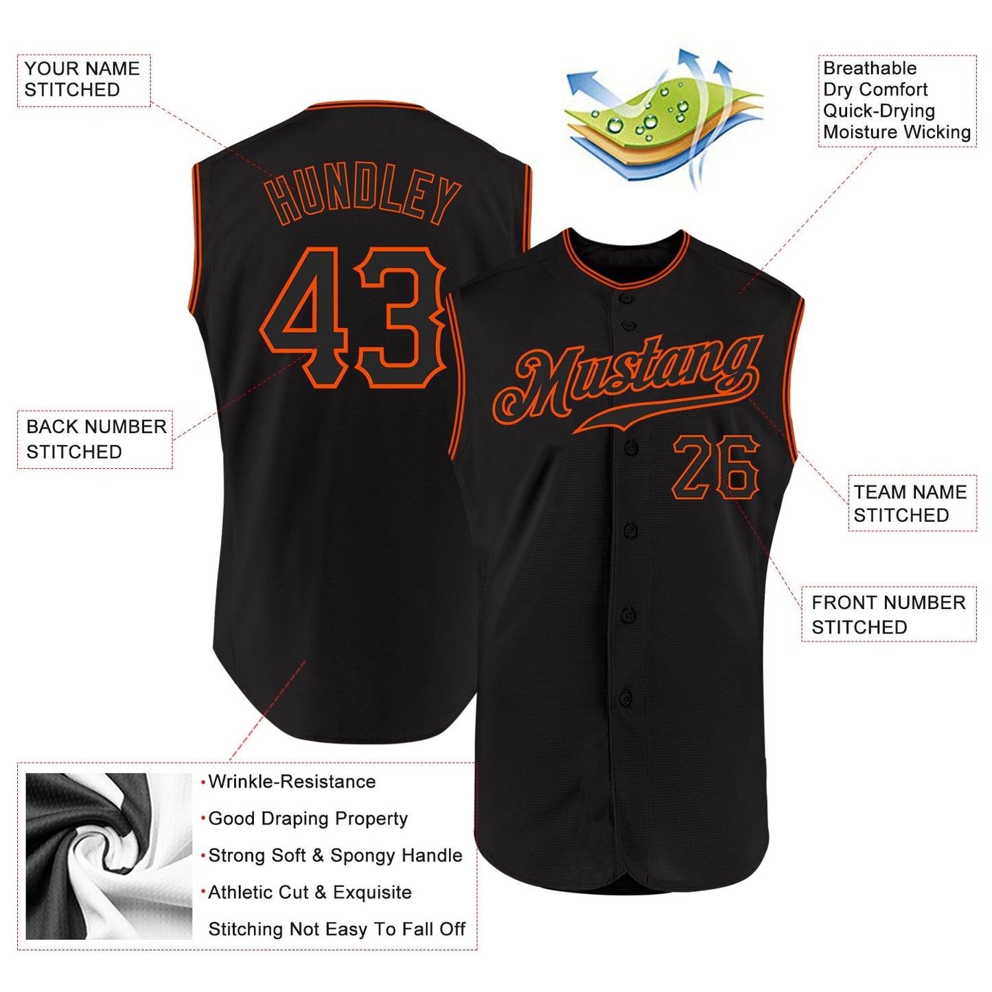 Custom Black Black-Orange Authentic Sleeveless Baseball Jersey baseball jersey product view 2