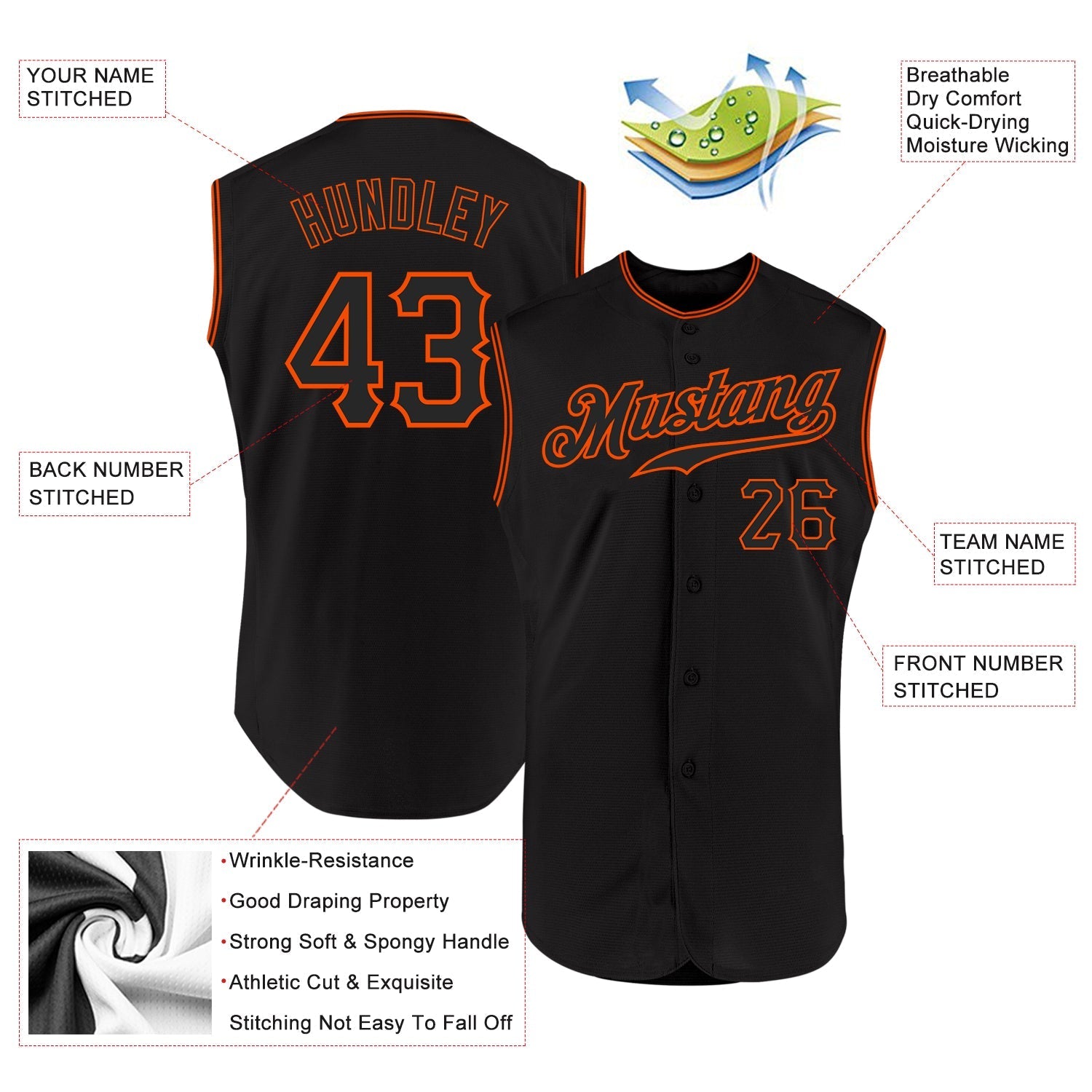 Custom Black Black-Orange Authentic Sleeveless Baseball Jersey baseball jersey product view 2