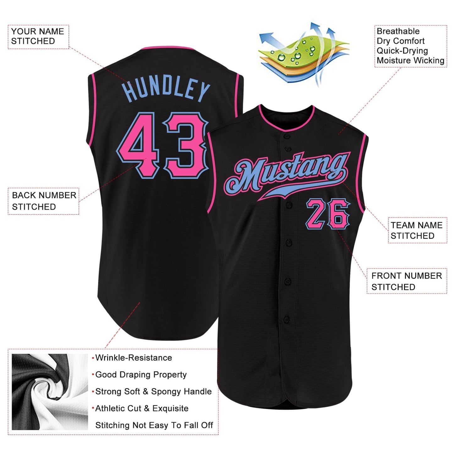 Custom Black Pink-Light Blue Authentic Sleeveless Baseball Jersey baseball jersey product view 2