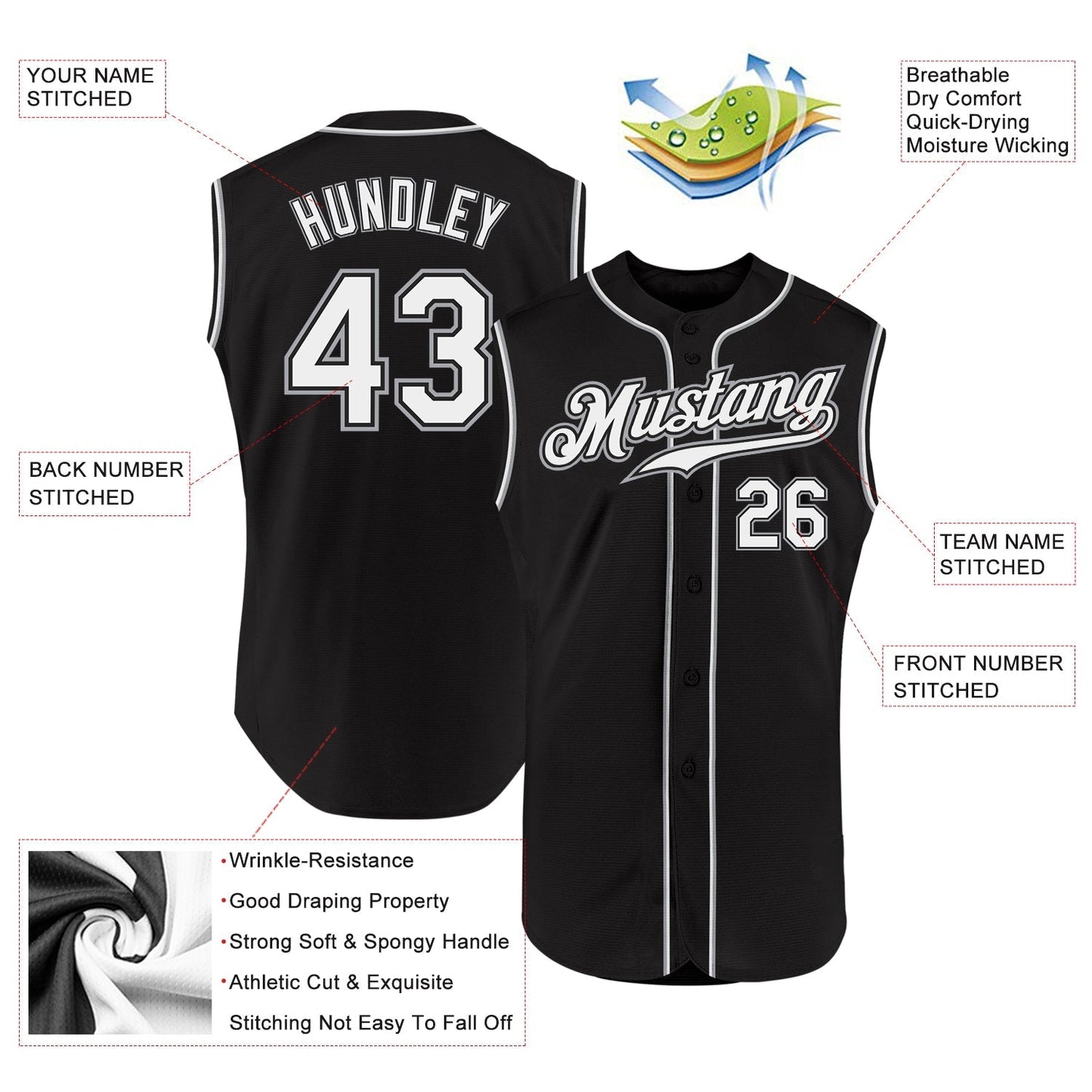 Custom Black White-Gray Authentic Sleeveless Baseball Jersey baseball jersey product view 2
