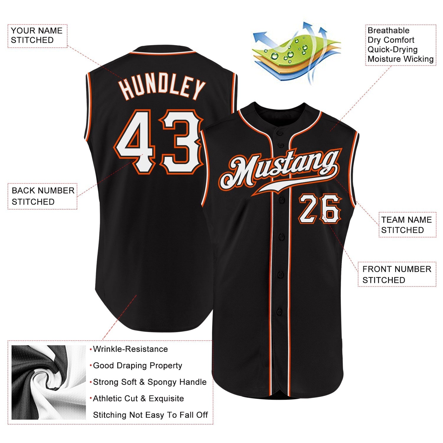 Custom Black White-Orange Authentic Sleeveless Baseball Jersey baseball jersey product view 2