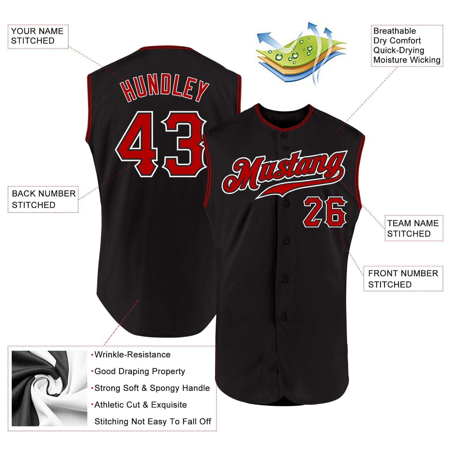 Custom Black Red-White Authentic Sleeveless Baseball Jersey baseball jersey product view 2