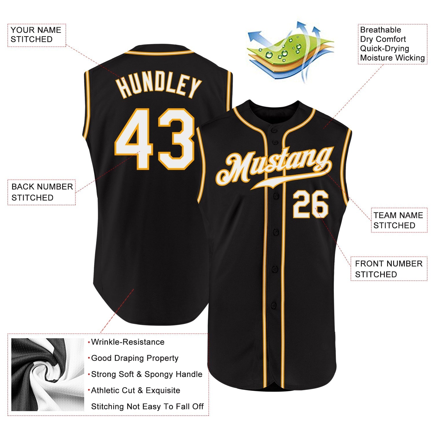Custom Black White-Gold Authentic Sleeveless Baseball Jersey baseball jersey product view 2