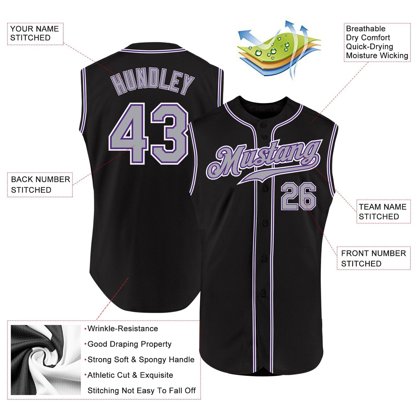 Custom Black Gray-Purple Authentic Sleeveless Baseball Jersey baseball jersey product view 2