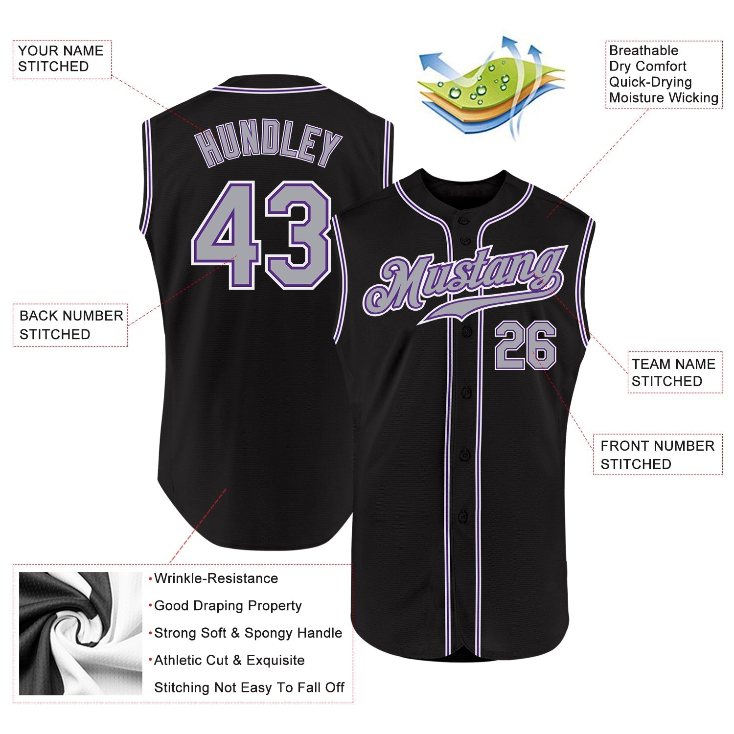 Custom Black Gray-Purple Authentic Sleeveless Baseball Jersey baseball jersey product view 2