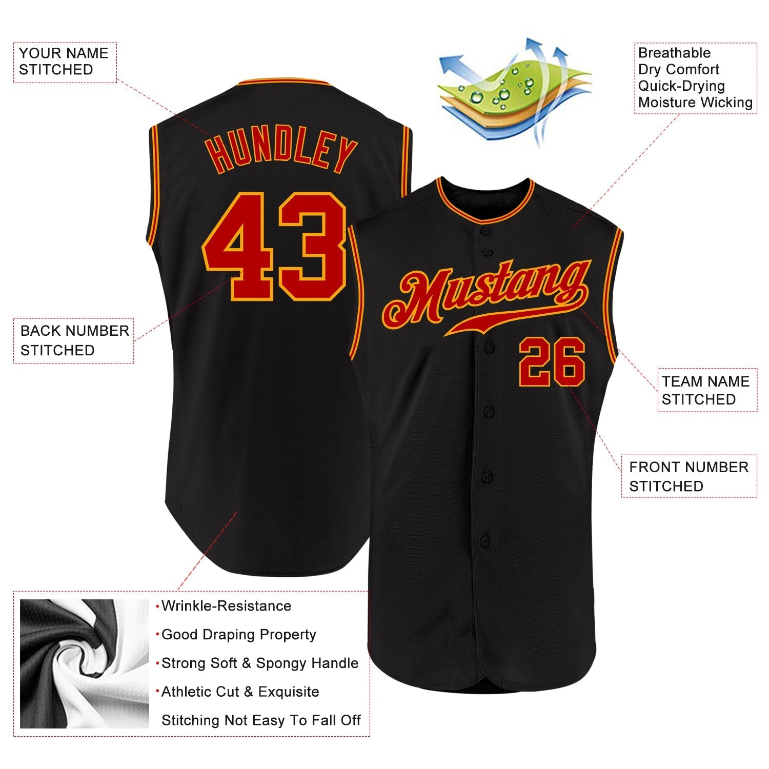 Custom Black Red-Gold Authentic Sleeveless Baseball Jersey baseball jersey product view 2