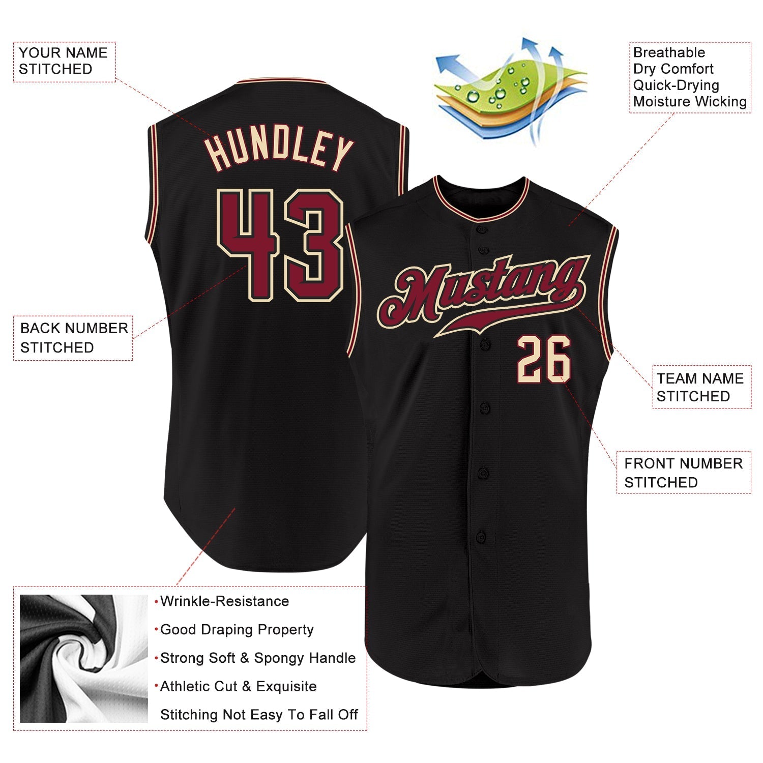 Custom Black Crimson-City Cream Authentic Sleeveless Baseball Jersey baseball jersey product view 2