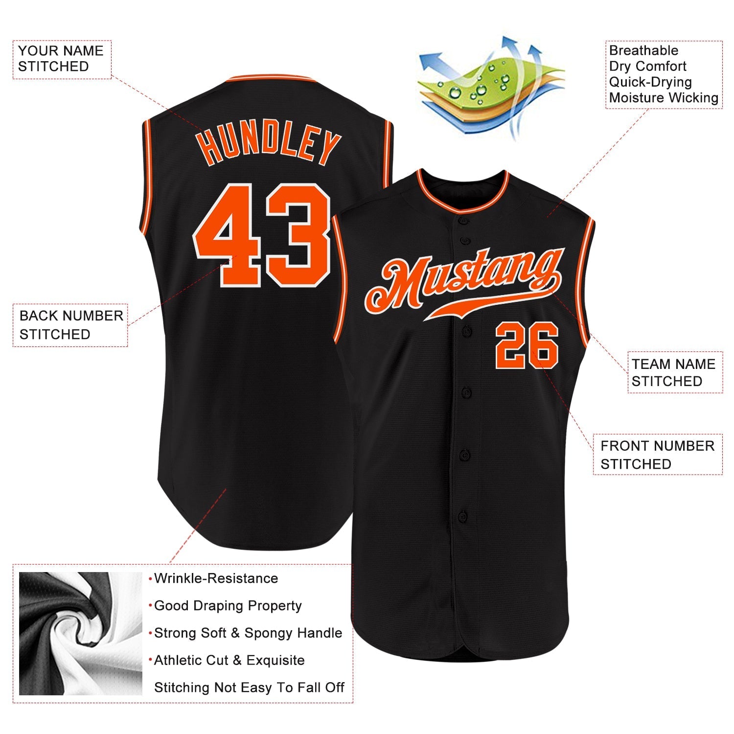 Custom Black Orange-White Authentic Sleeveless Baseball Jersey baseball jersey product view 2