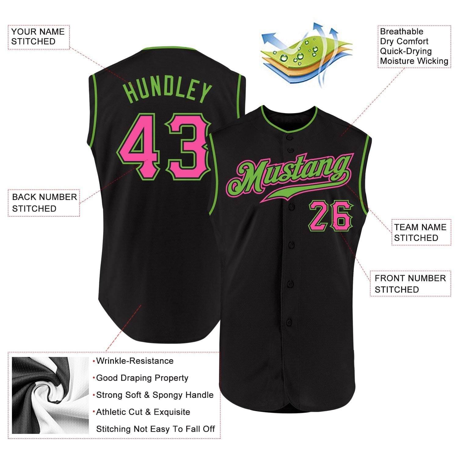 Custom Black Pink-Neon Green Authentic Sleeveless Baseball Jersey baseball jersey product view 2
