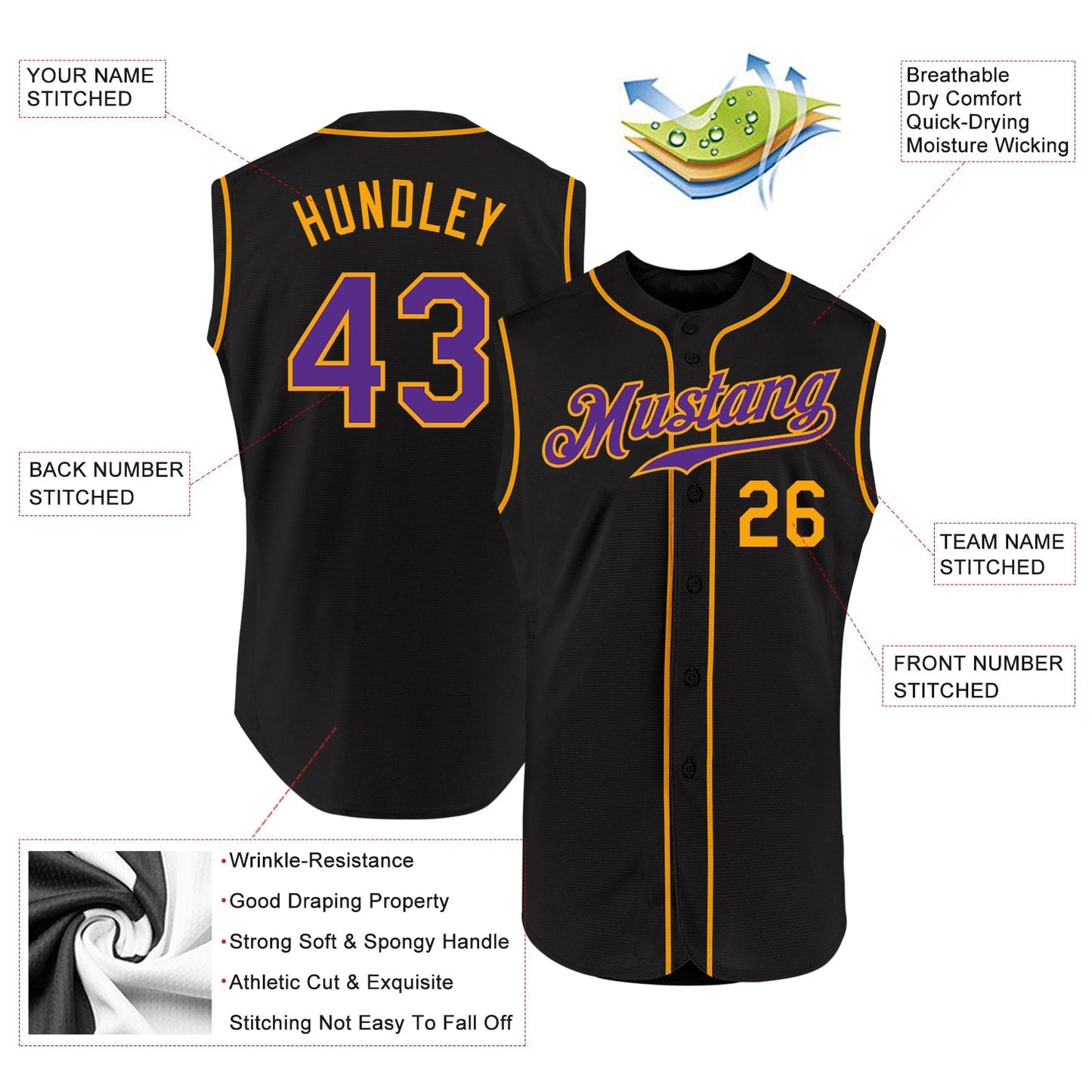 Custom Black Purple-Gold Authentic Sleeveless Baseball Jersey baseball jersey product view 2