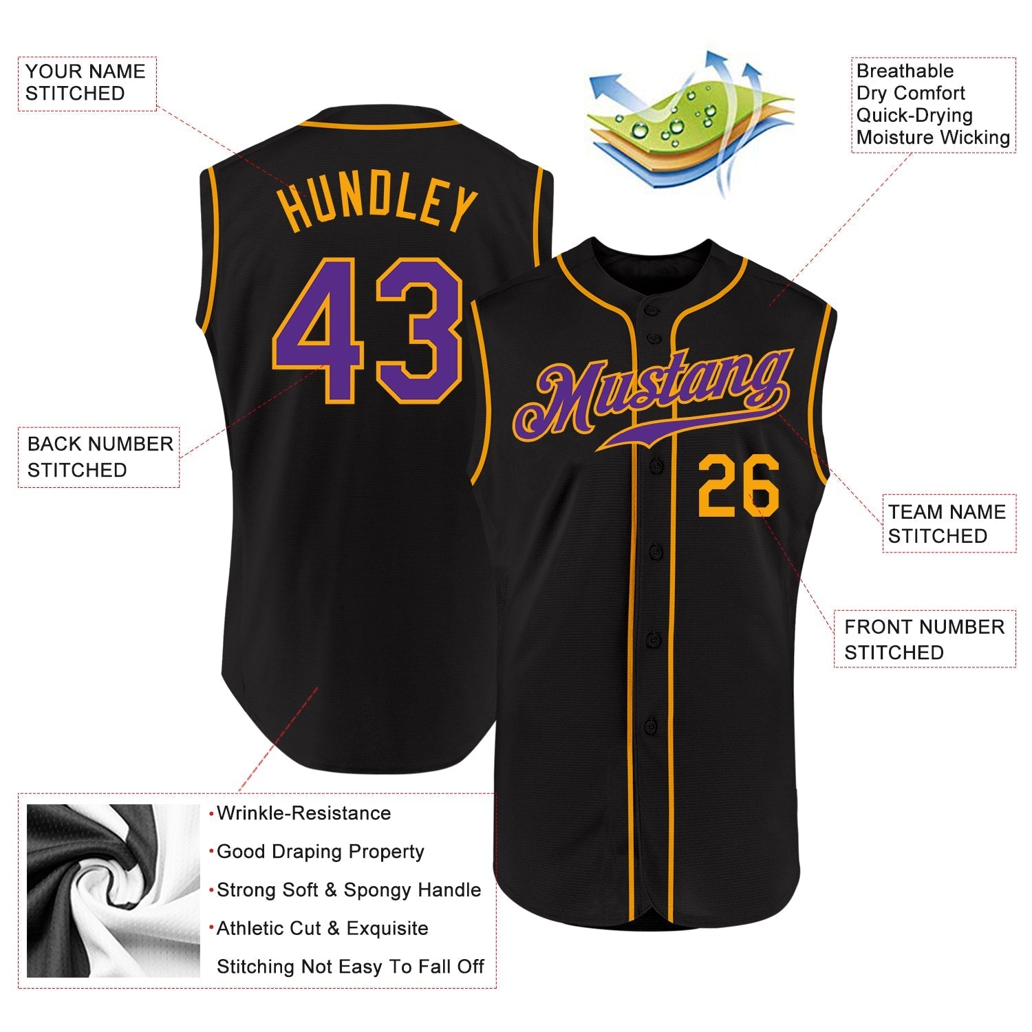 Custom Black Purple-Gold Authentic Sleeveless Baseball Jersey baseball jersey product view 2
