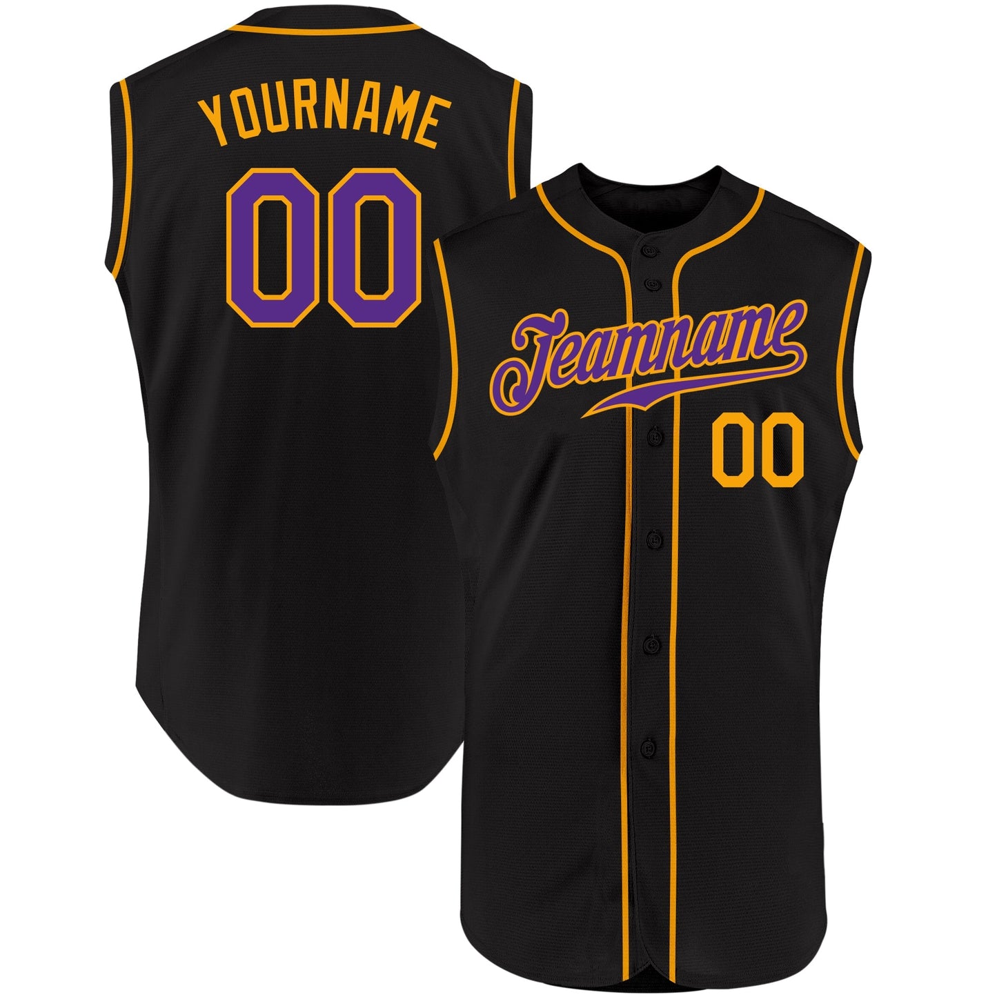 Custom Black Purple-Gold Authentic Sleeveless Baseball Jersey baseball jersey product view 1