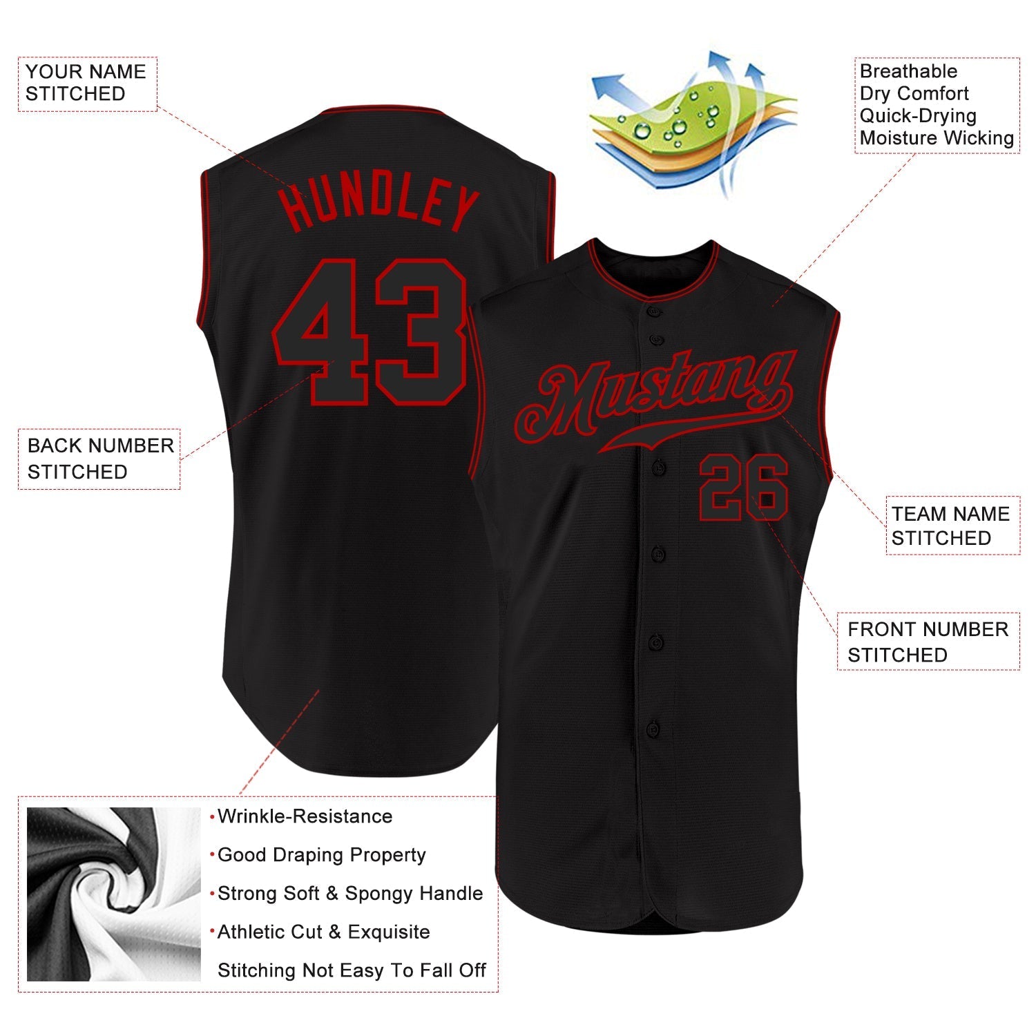 Custom Black Black-Red Authentic Sleeveless Baseball Jersey baseball jersey product view 2