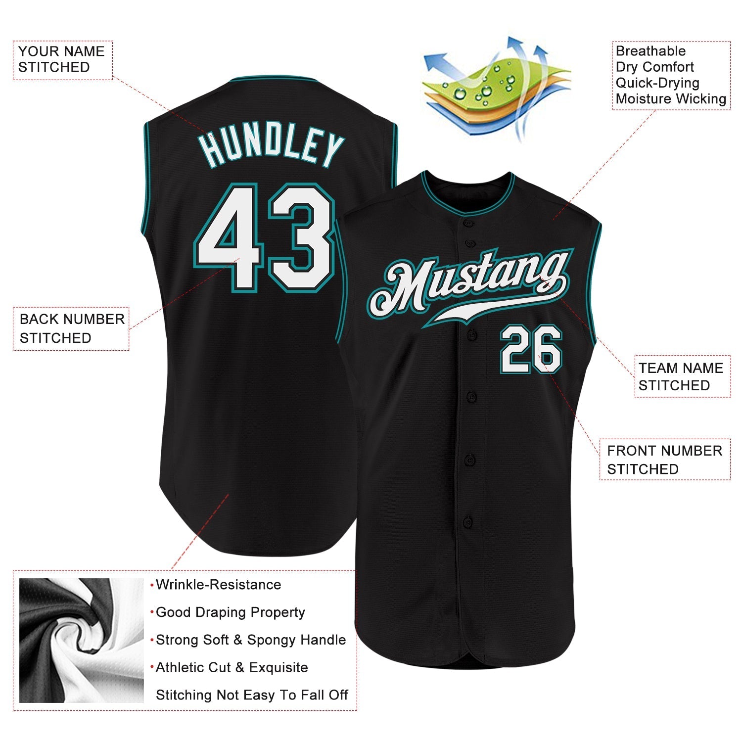 Custom Black White-Teal Authentic Sleeveless Baseball Jersey baseball jersey product view 2