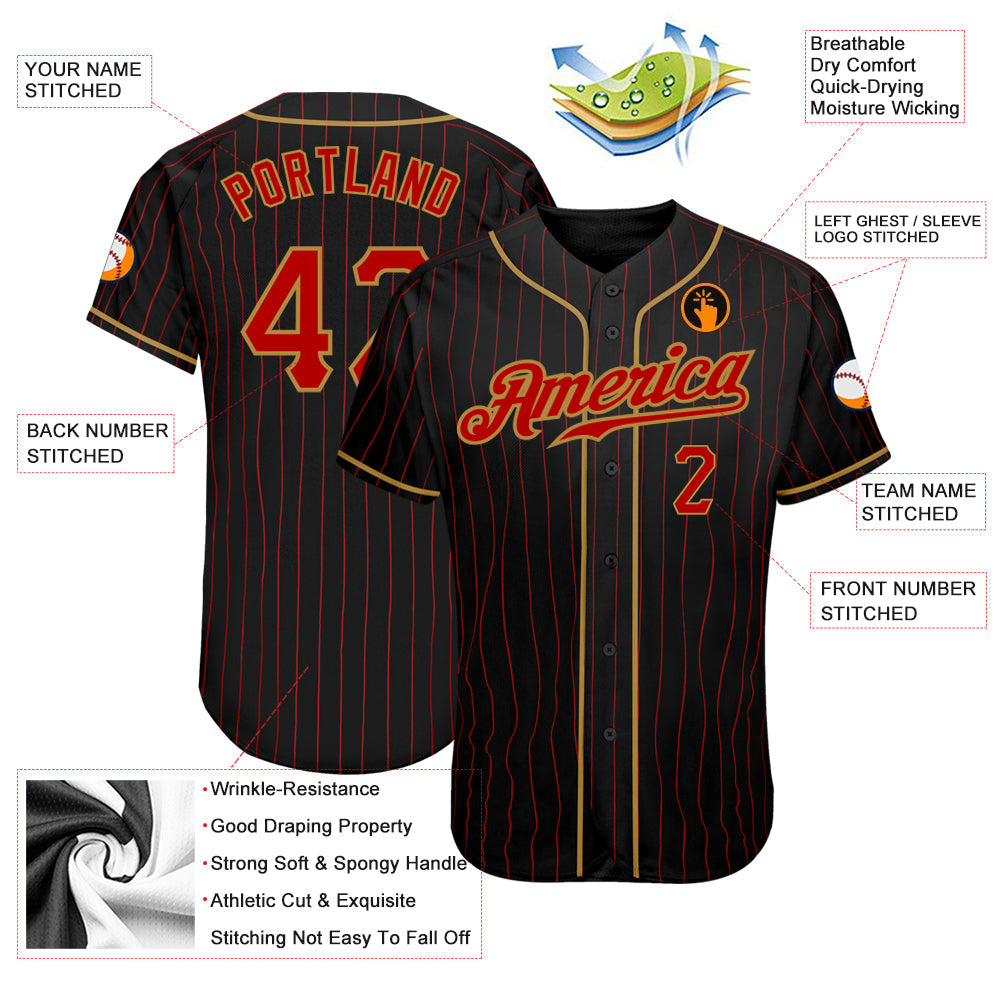 Custom Black Red Pinstripe Red-Old Gold Authentic Baseball Jersey baseball jersey product view 3