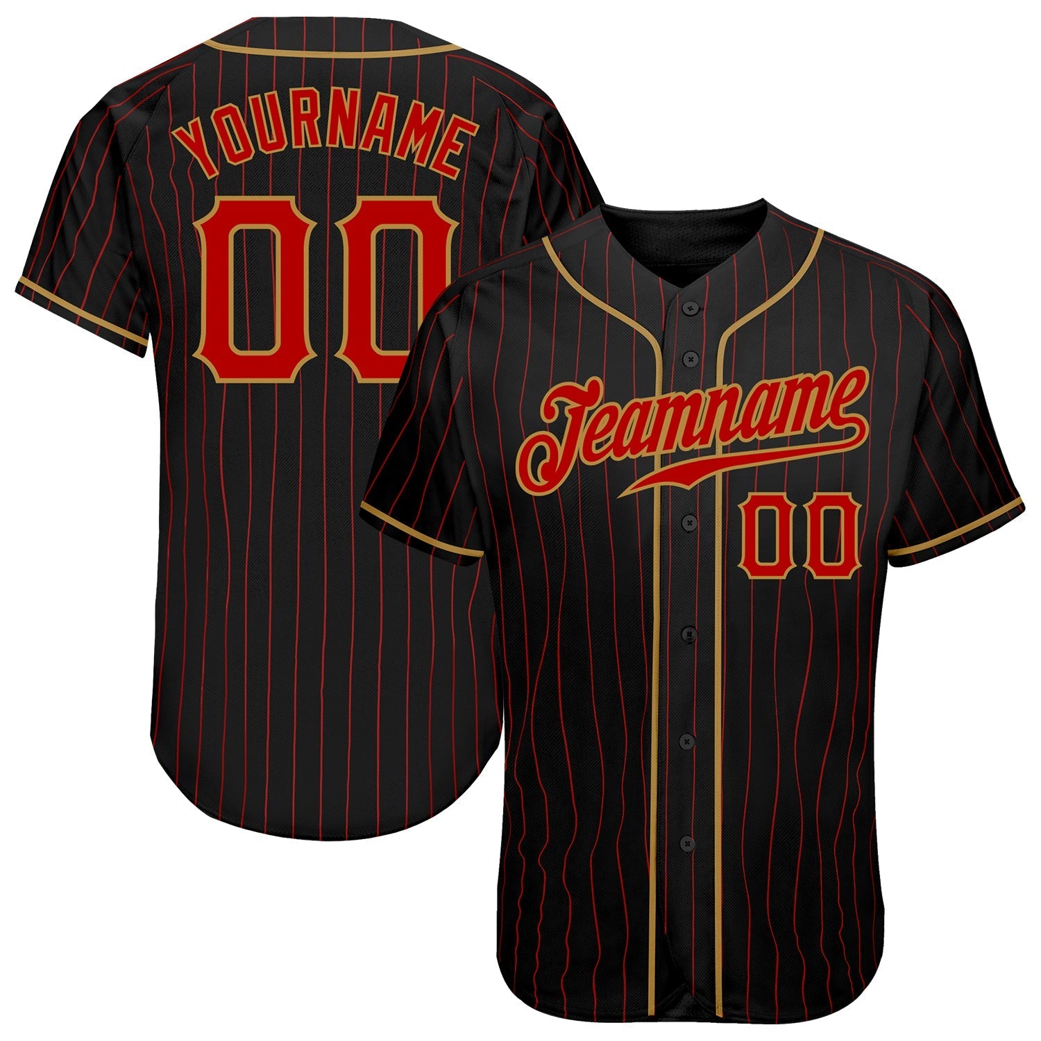 Custom Black Red Pinstripe Red-Old Gold Authentic Baseball Jersey baseball jersey product view 1