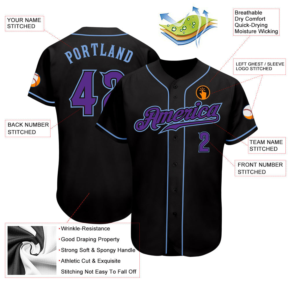 Custom Black Purple-Light Blue Authentic Baseball Jersey baseball jersey product view 3