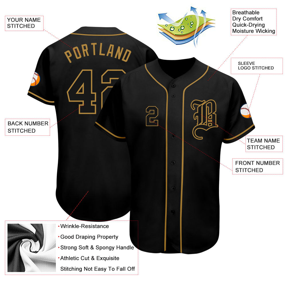 Custom Black Black-Old Gold Authentic Baseball Jersey baseball jersey product view 3