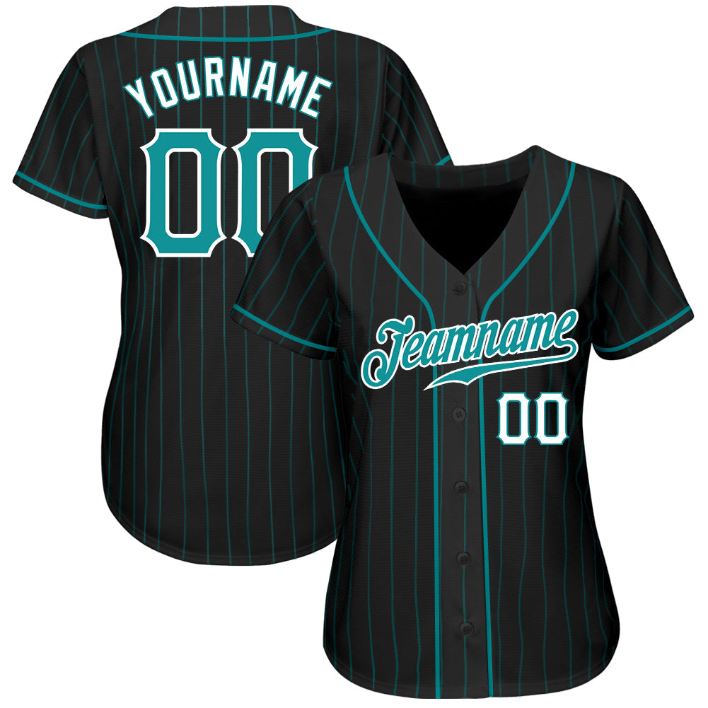 Custom Black Aqua Pinstripe Teal-White Authentic Baseball Jersey baseball jersey product view 2