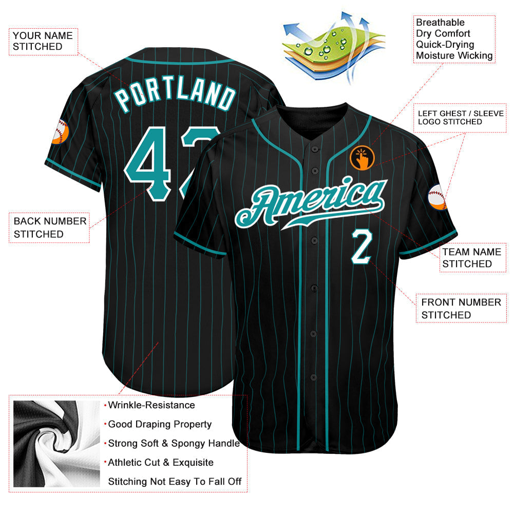 Custom Black Aqua Pinstripe Teal-White Authentic Baseball Jersey baseball jersey product view 3