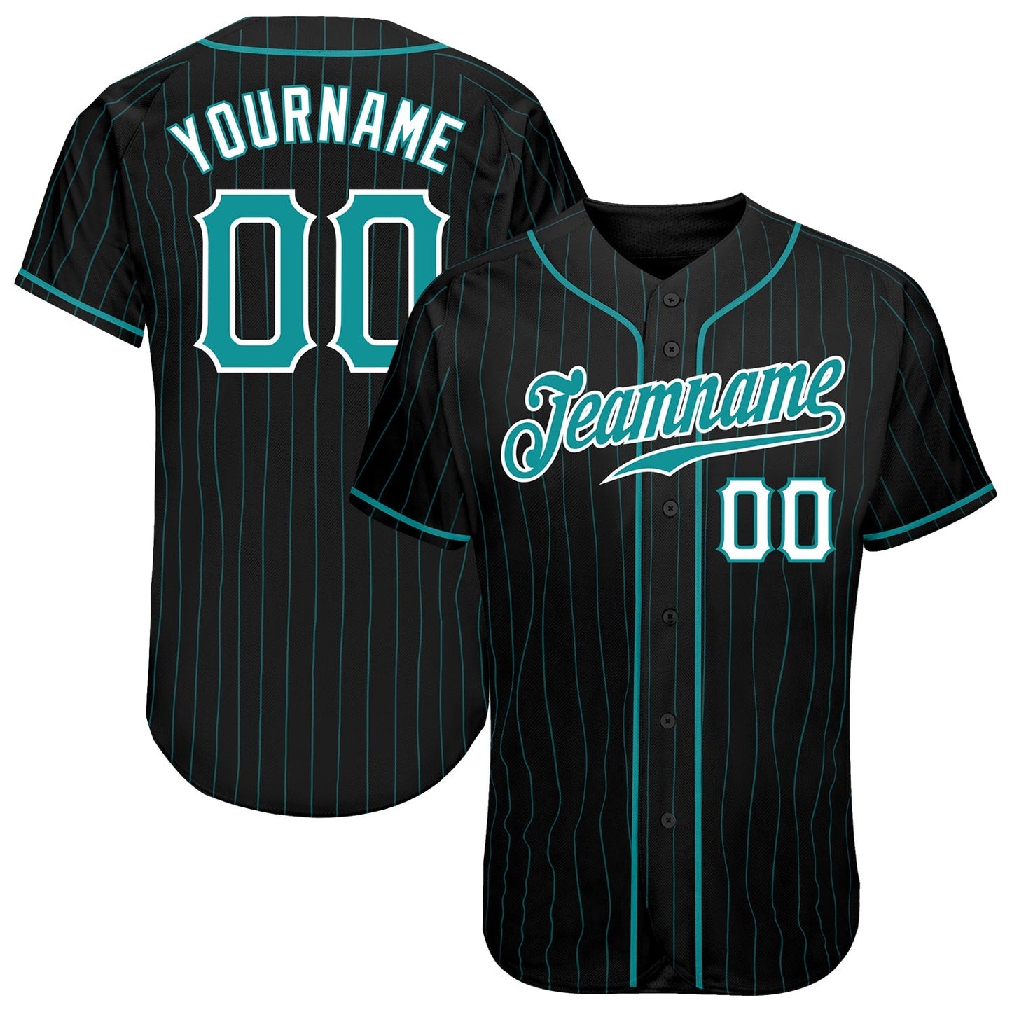 Custom Black Aqua Pinstripe Teal-White Authentic Baseball Jersey baseball jersey product view 1