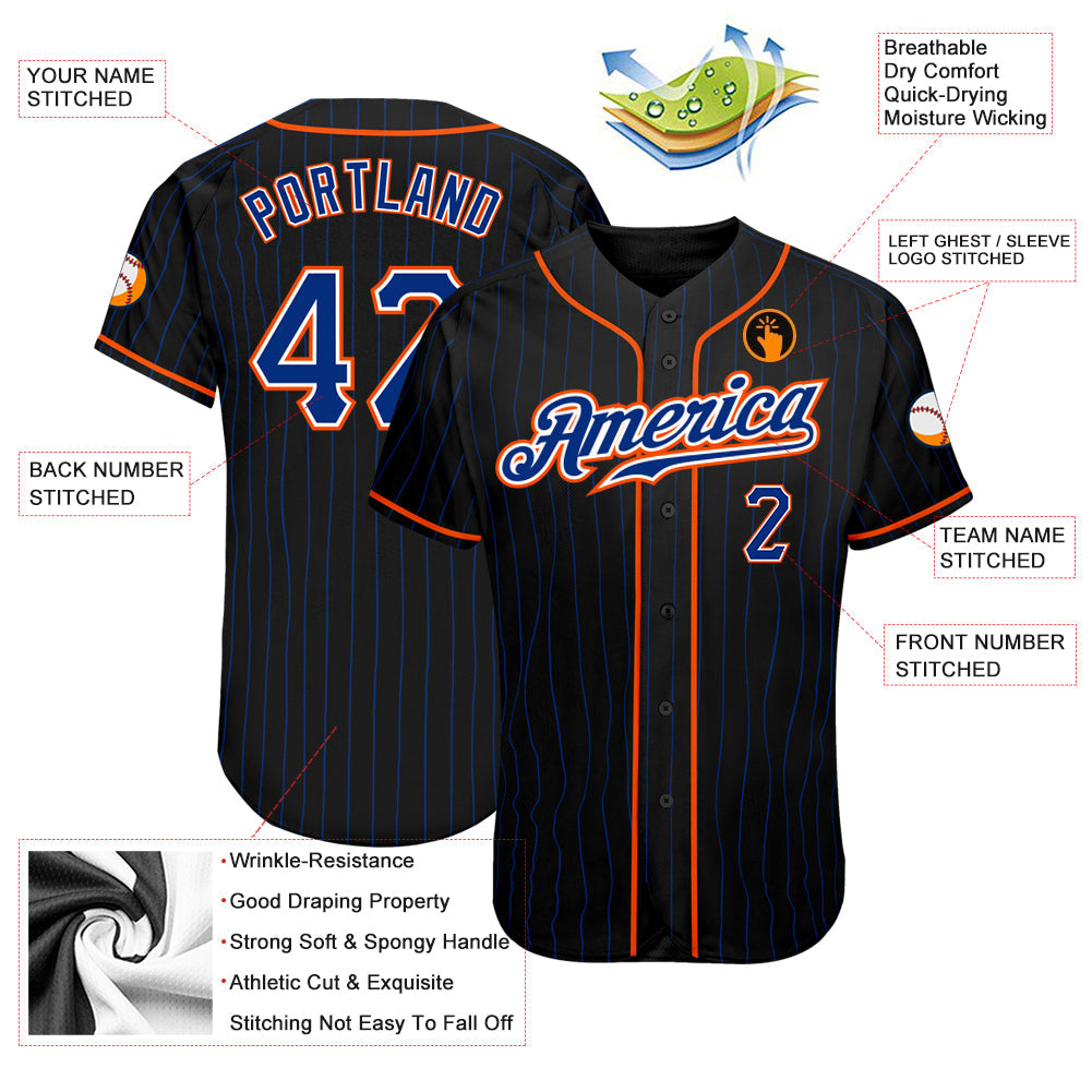 Custom Black Royal Pinstripe Royal-Orange Authentic Baseball Jersey baseball jersey product view 3
