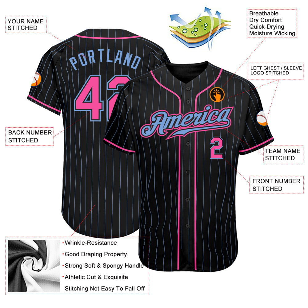 Custom Black Light Blue Pinstripe Pink-Light Blue Authentic Baseball Jersey baseball jersey product view 3