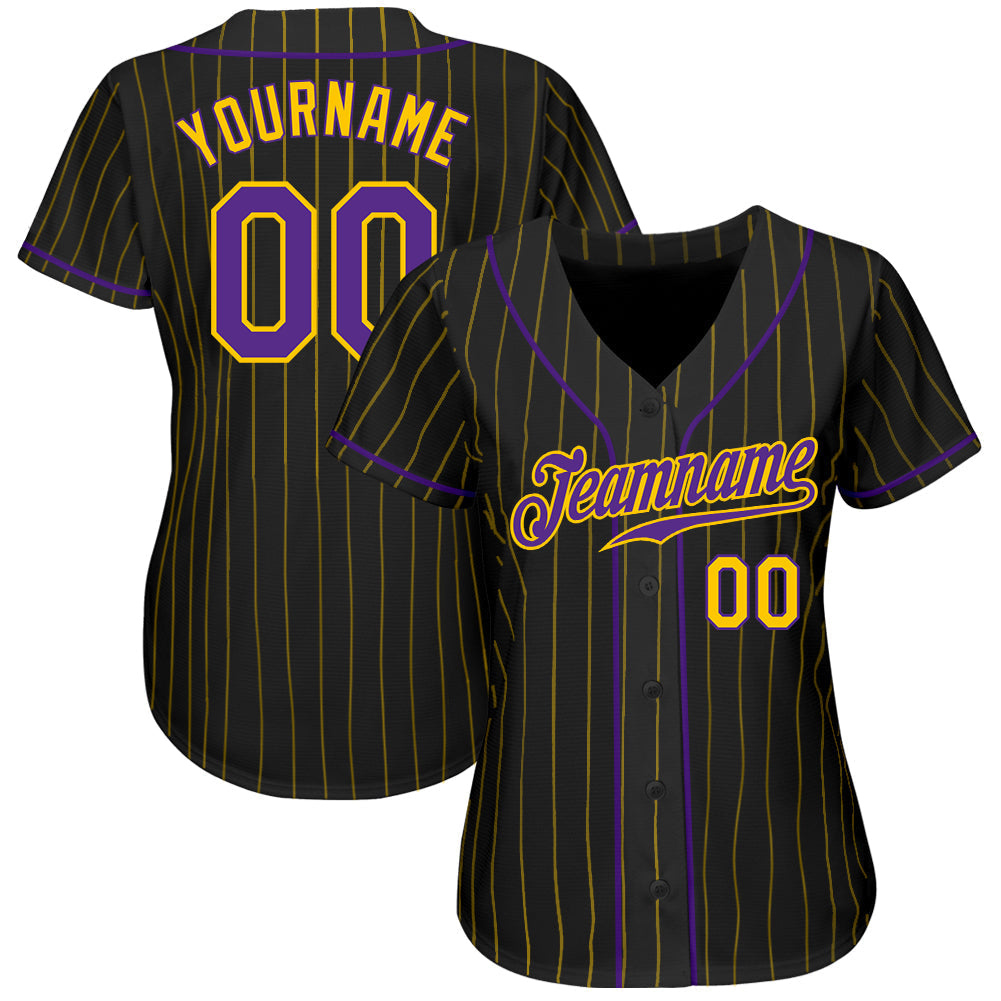 Custom Black Gold Pinstripe Purple-Gold Authentic Baseball Jersey baseball jersey product view 2