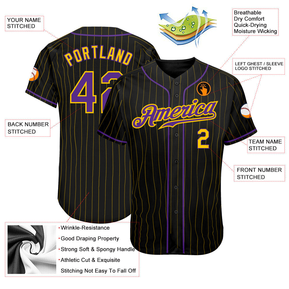 Custom Black Gold Pinstripe Purple-Gold Authentic Baseball Jersey baseball jersey product view 3