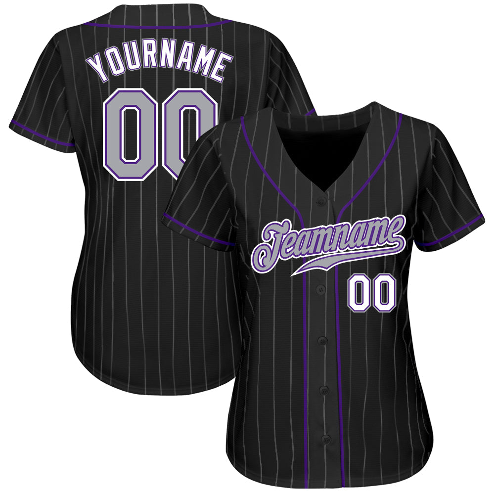 Custom Black Gray Pinstripe Gray-Purple Authentic Baseball Jersey baseball jersey product view 2
