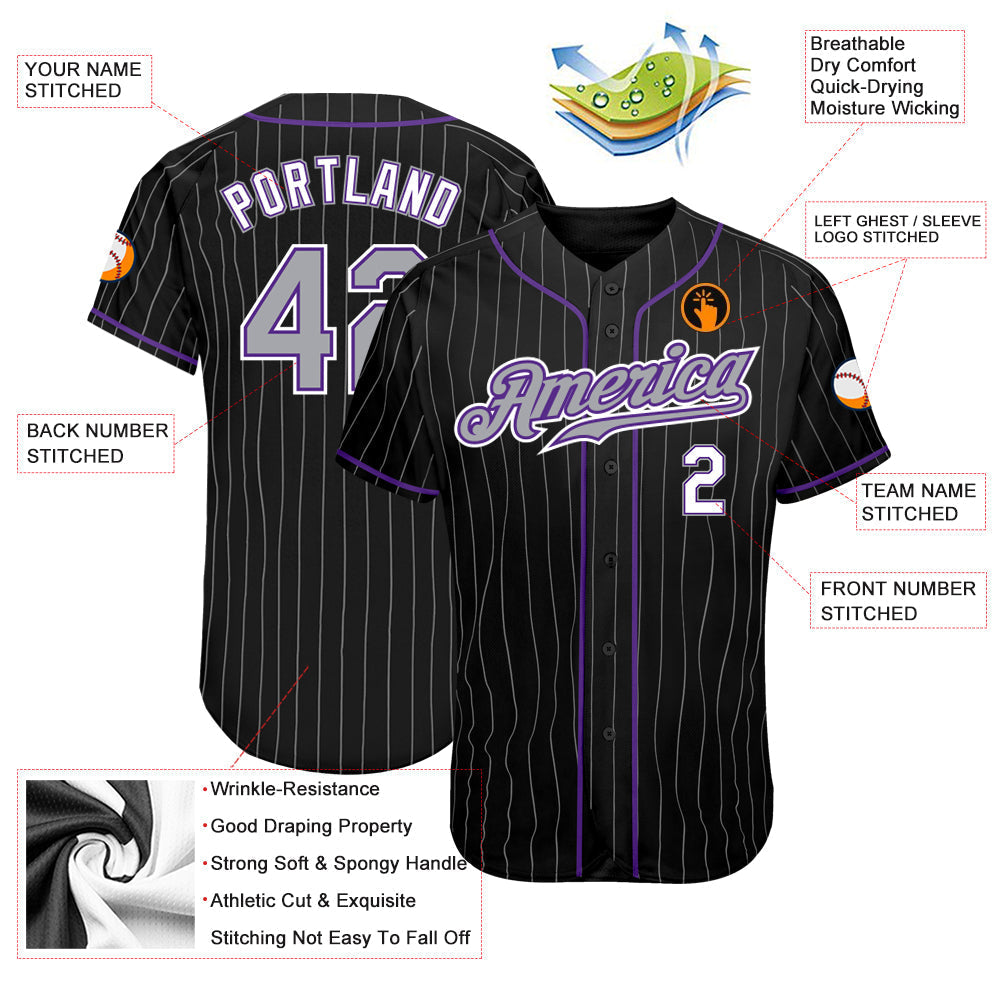 Custom Black Gray Pinstripe Gray-Purple Authentic Baseball Jersey baseball jersey product view 3