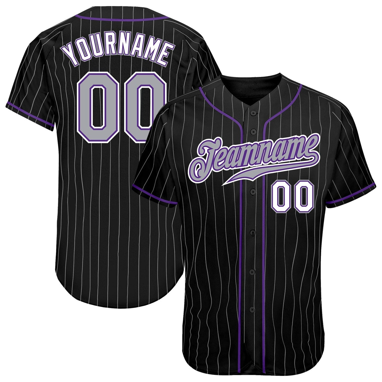 Custom Black Gray Pinstripe Gray-Purple Authentic Baseball Jersey baseball jersey product view 1