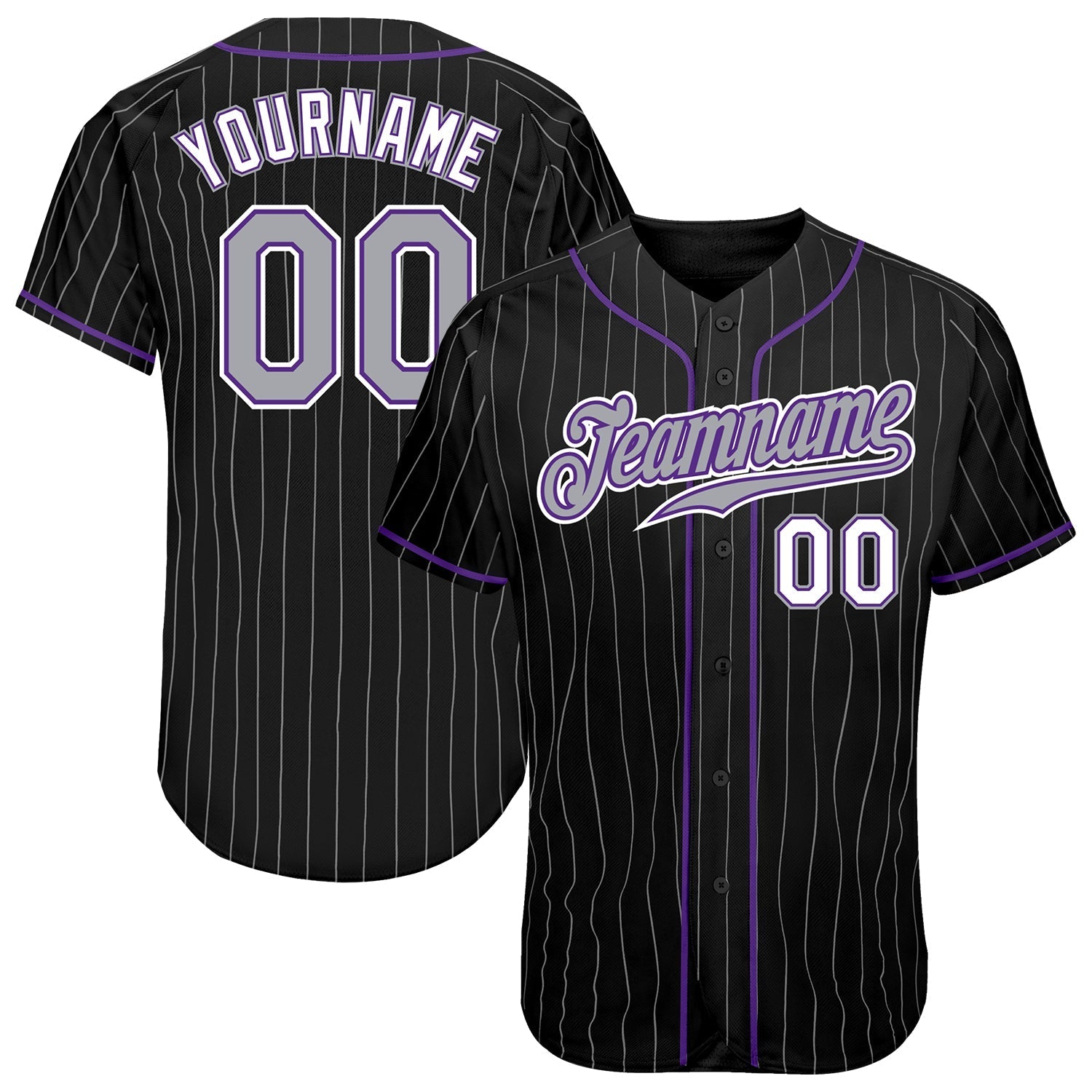 Custom Black Gray Pinstripe Gray-Purple Authentic Baseball Jersey baseball jersey product view 1