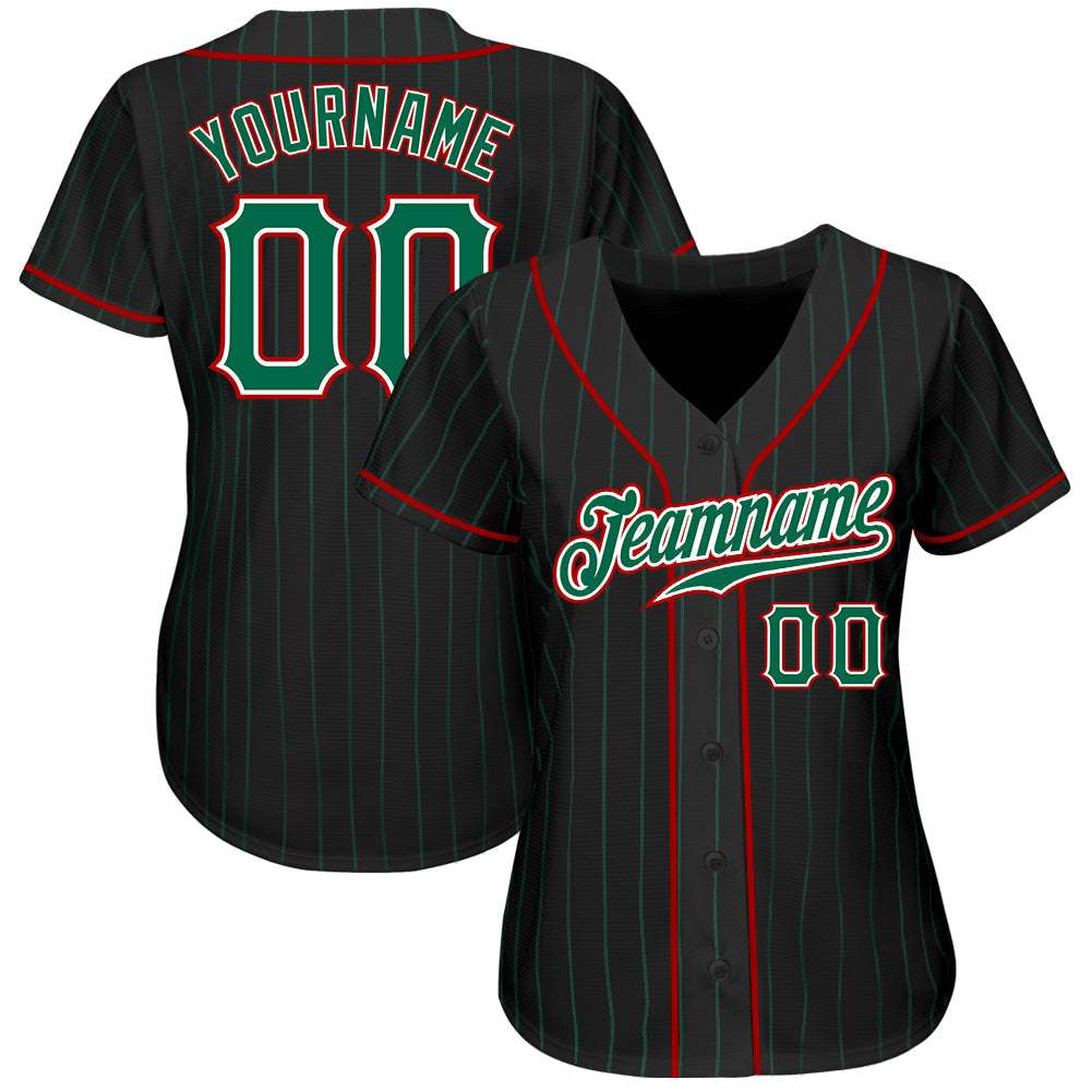 Custom Black Kelly Green Pinstripe Kelly Green-Red Authentic Baseball Jersey baseball jersey product view 2