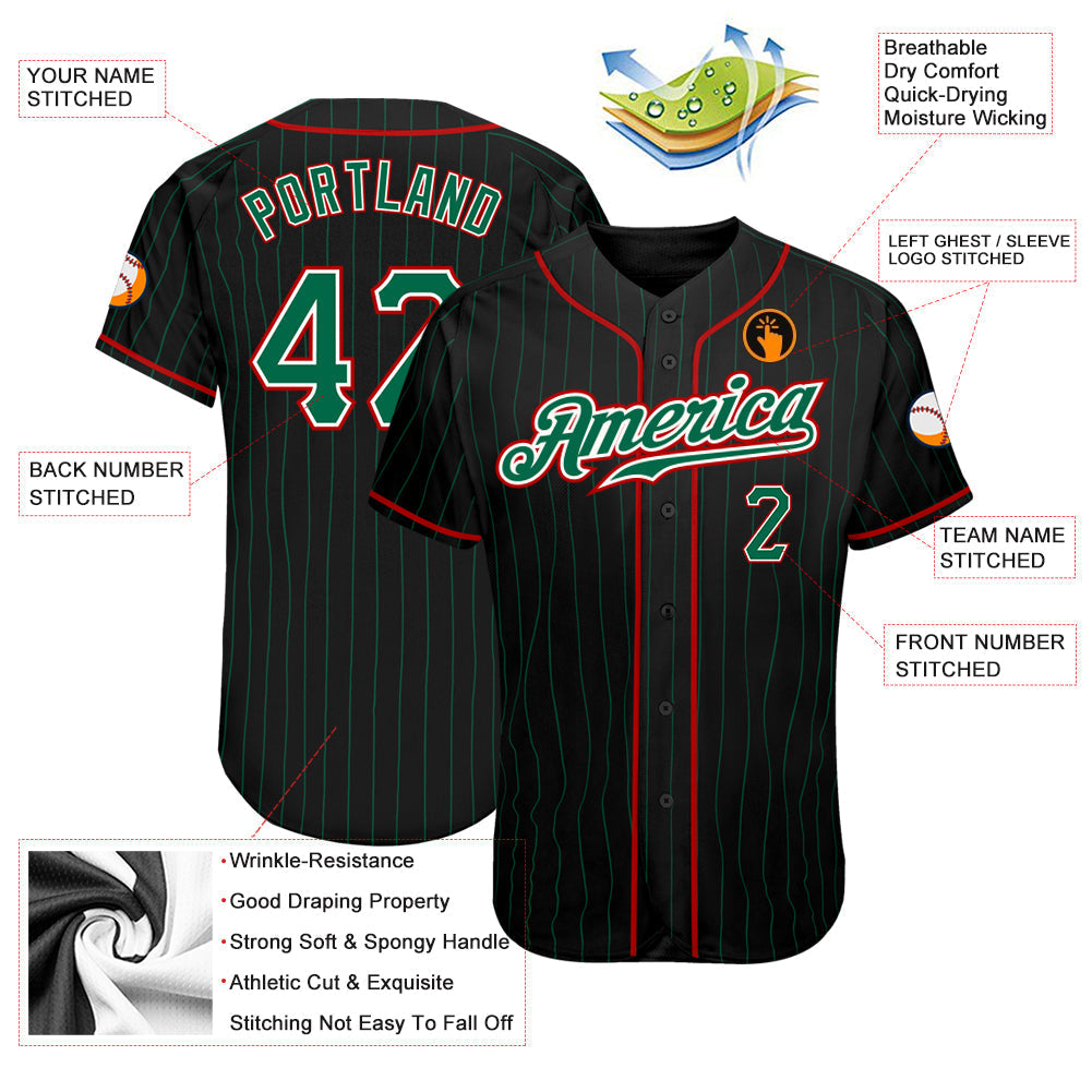 Custom Black Kelly Green Pinstripe Kelly Green-Red Authentic Baseball Jersey baseball jersey product view 3