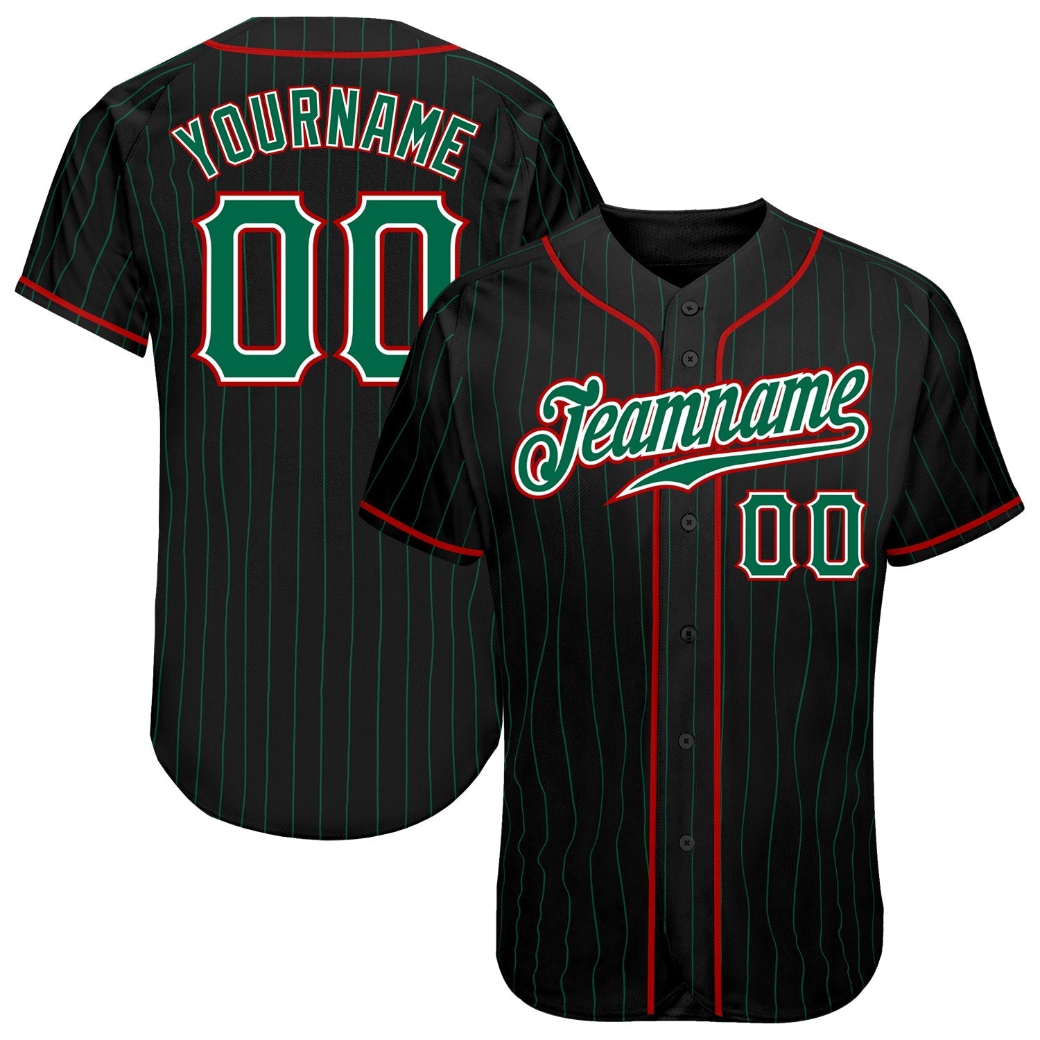 Custom Black Kelly Green Pinstripe Kelly Green-Red Authentic Baseball Jersey baseball jersey product view 1