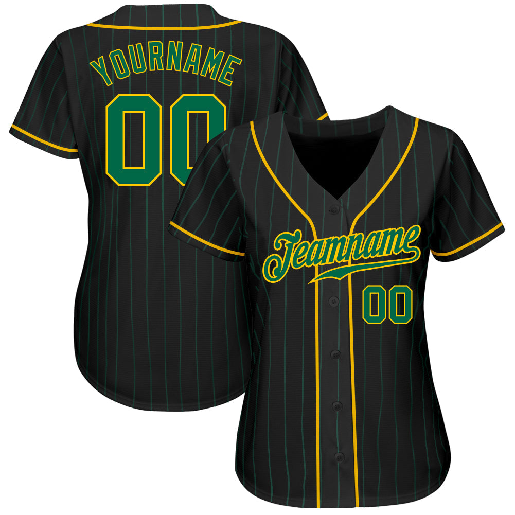 Custom Black Kelly Green Pinstripe Kelly Green-Gold Authentic Baseball Jersey baseball jersey product view 2