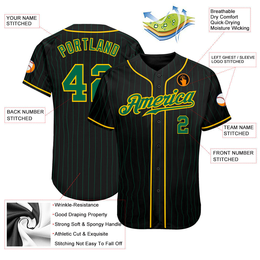 Custom Black Kelly Green Pinstripe Kelly Green-Gold Authentic Baseball Jersey baseball jersey product view 3