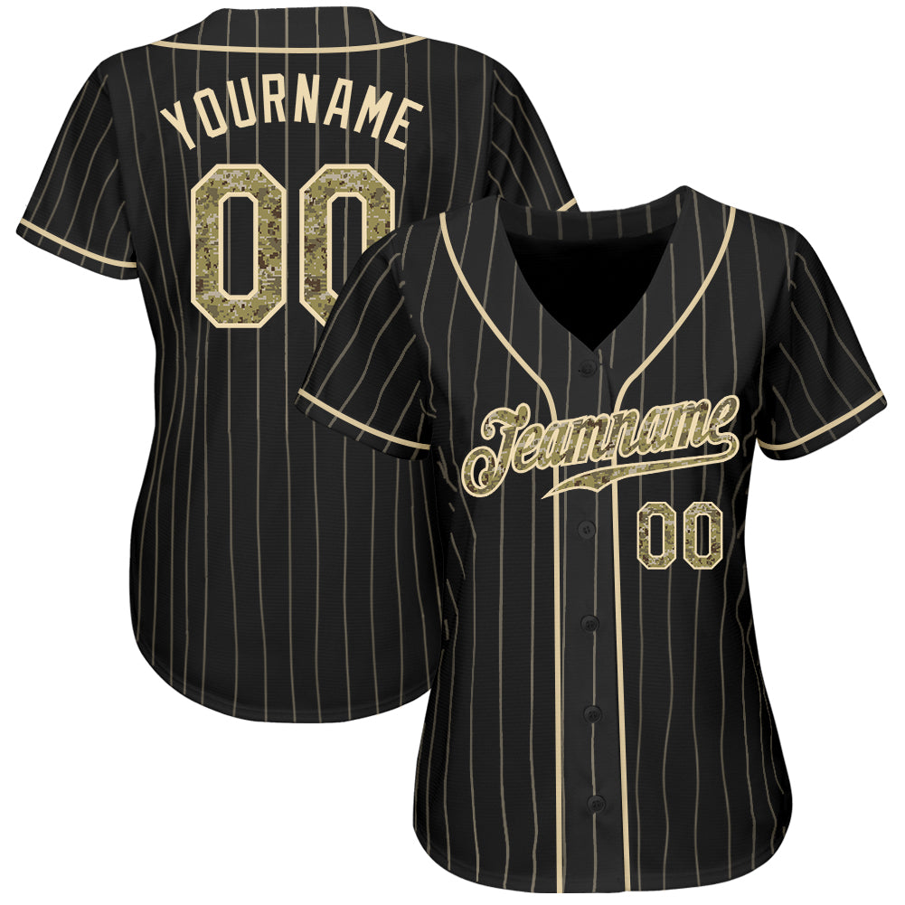 Custom Black Cream Pinstripe Camo-Cream Authentic Baseball Jersey baseball jersey product view 2