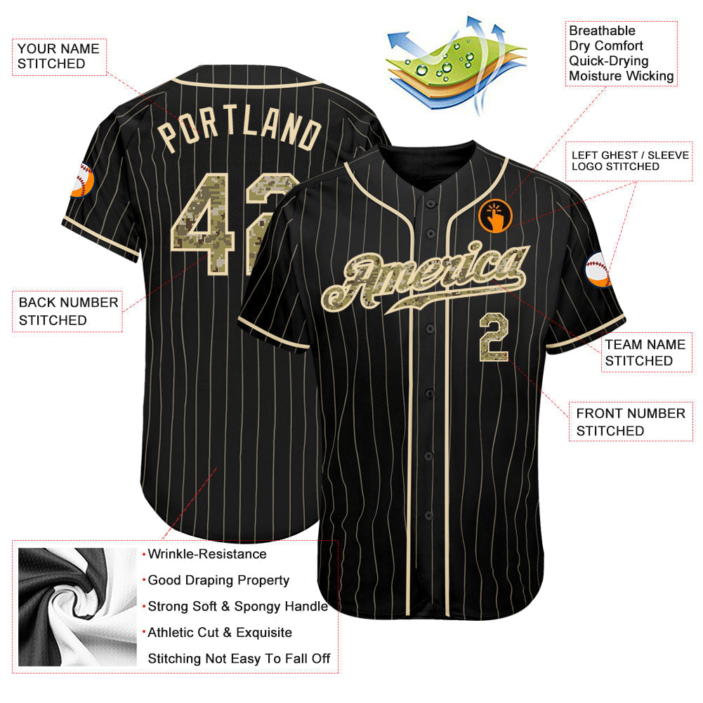 Custom Black Cream Pinstripe Camo-Cream Authentic Baseball Jersey baseball jersey product view 3